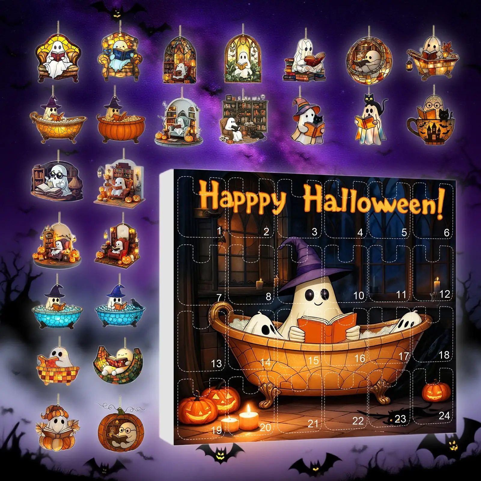 Calendario per il conto alla rovescia fantasma 2025 24 giorni 2025 Calendario di Halloween Avvento Ciondolo fantasma 2D Decorazioni natalizie per la parete del tendaggi di casa