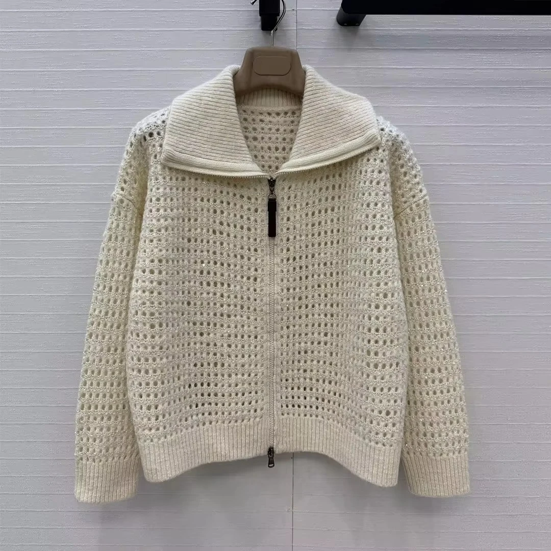 Old Money Style Vintage Gold Thread Sequins Hollow Crochet Knit Cardigans Women Lapel Leather Zipper Loose Chic Sweaters Jumper