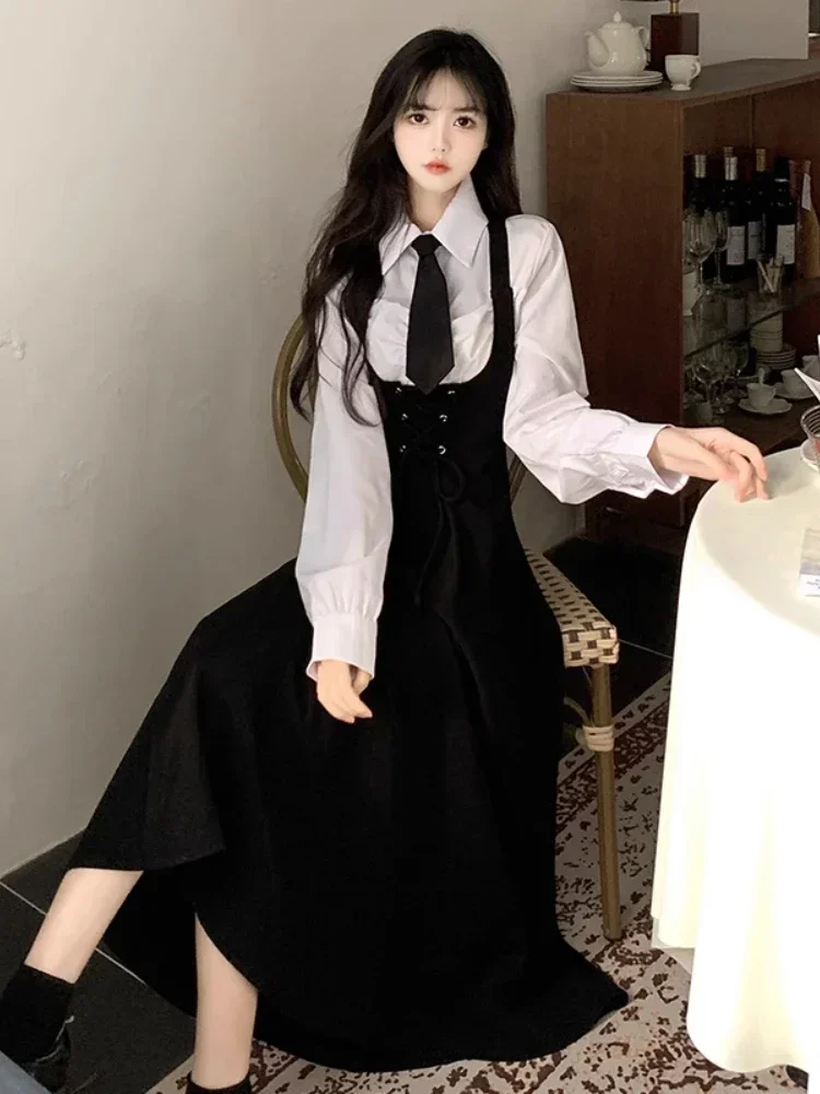 2023 Autumn Preppy Style 2 Piece Dress Set Women Casual Simple Shirt + Elegant Sleeveless Strap Dress Korean Fashion Dress Suit