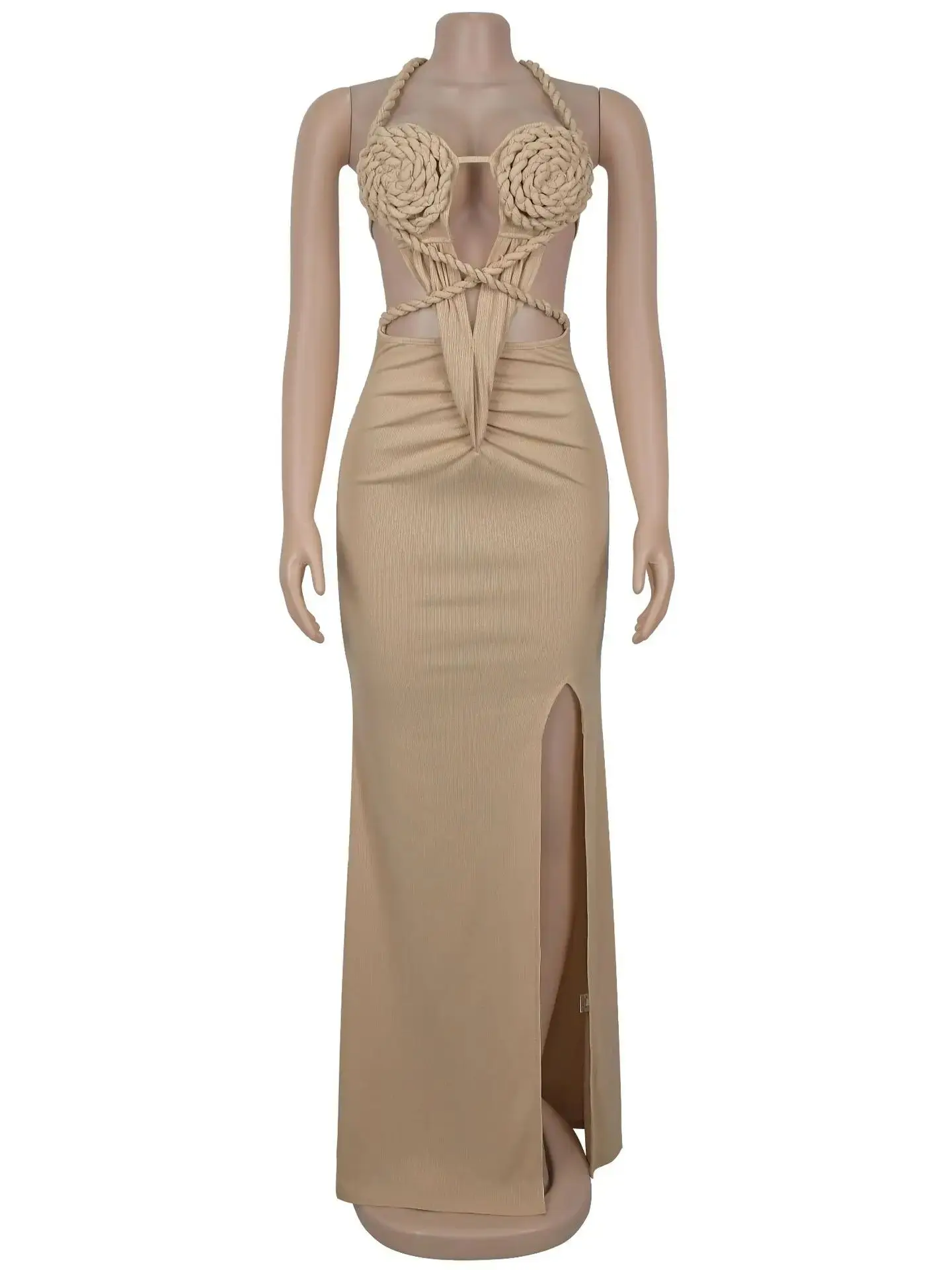 Vestido maxi sem costas sexy para mulheres, vestido irregular, oco, ombro, divisão, meia-noite, festa de baile, skinny, elegante