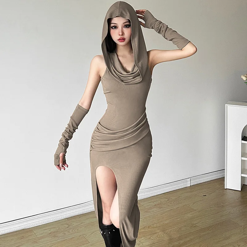 #4229 Khaki Sleeveless Hooded Long Dress Women Slim Asymmetrical Bodycon Dress Femme Gloves Slim Folds Streetwear 
