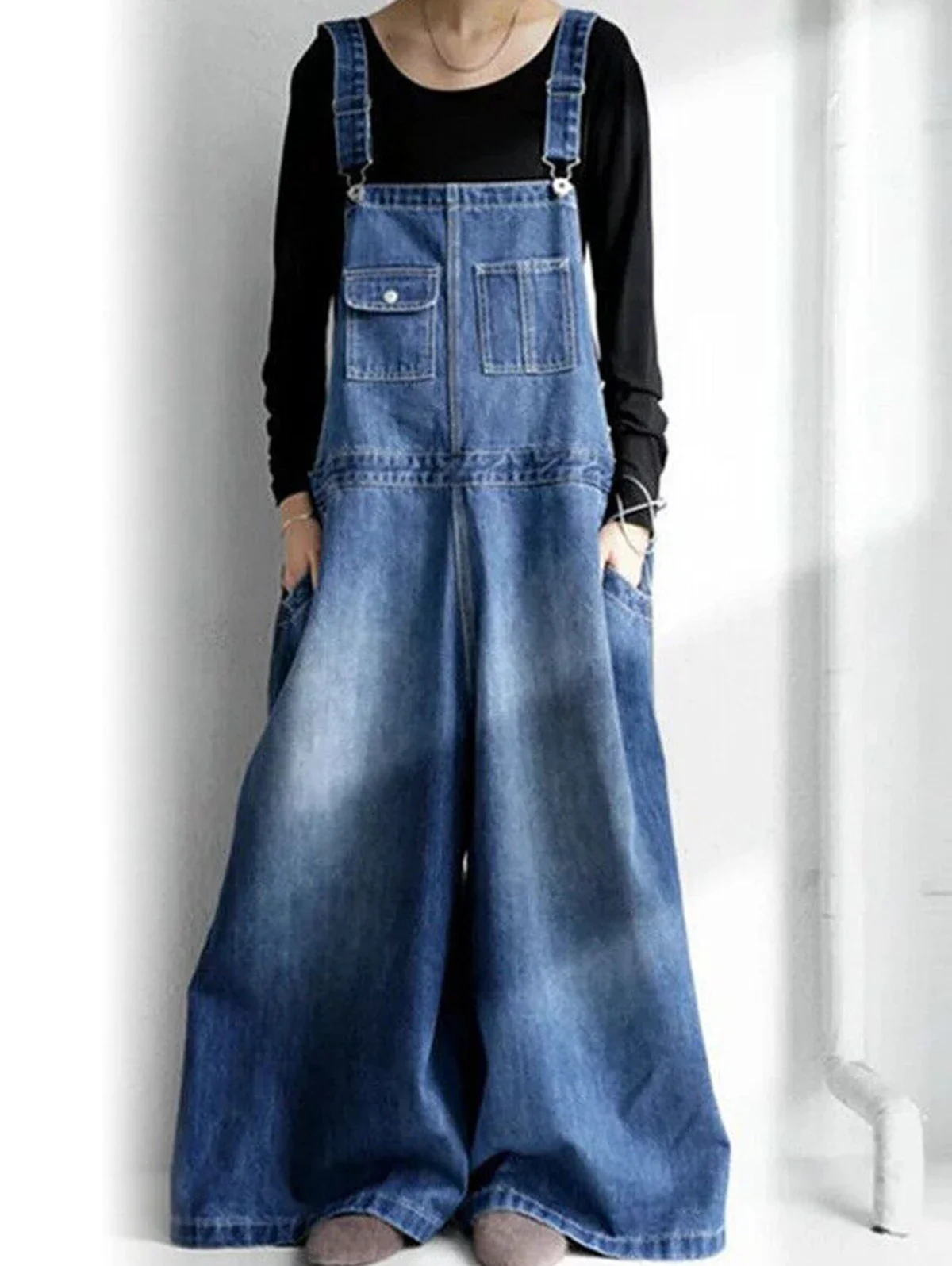 Frauen Denim Overall Beiläufige Breite Bein Lose Harajuku Vintage Jeans Insgesamt Ropmers Taschen Verstellbaren Riemen Overalls Outfits