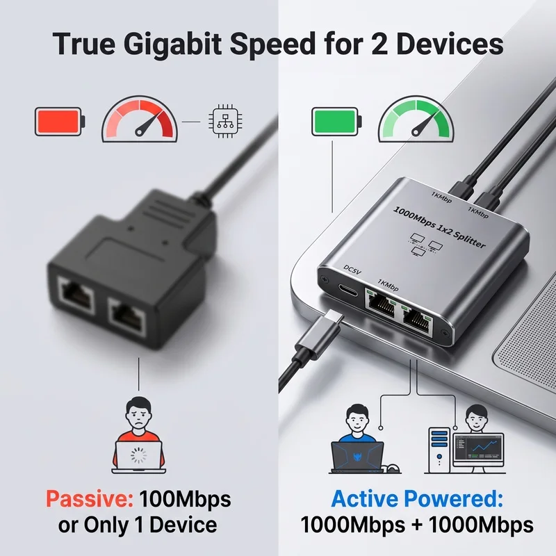 1000Mbps 1 In 2/4 Out RJ45 Network Splitter USB Powered Gigabit LAN Extender Support 100m Transmission for IPTV Desktop Printer