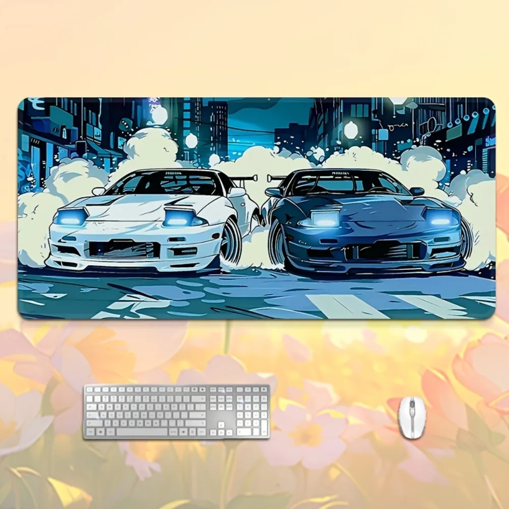 Anime Style Blue White Sports Car XXL Mouse Pad - Stitched Durable Office Desk Mat, Drift Racing Setup