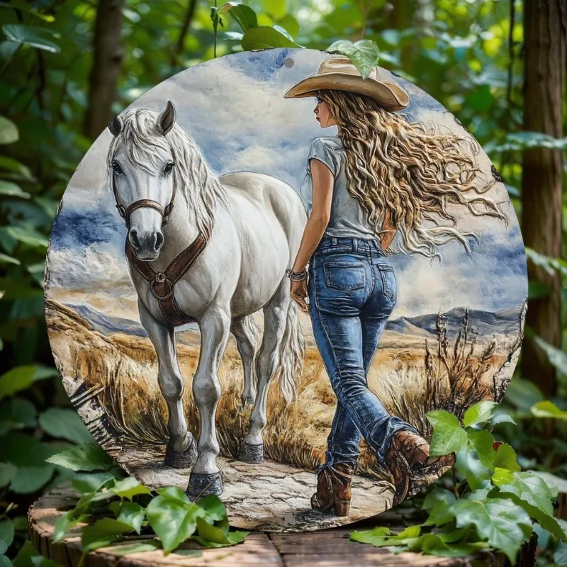 

Aluminum Wall Art Decor, Equestrian Theme Circular Metal Sign, HD Printed Horse, Nature Design, Valentine'S Day and Holiday Gift