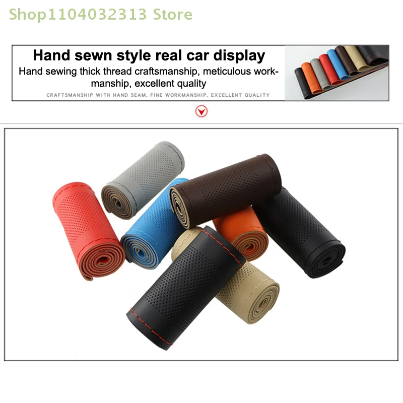 1PC Ultra Fine Genuine Leather Steering Wheel Cover DIY Hand Woven Breathable Protective Cover with Needle And Thread