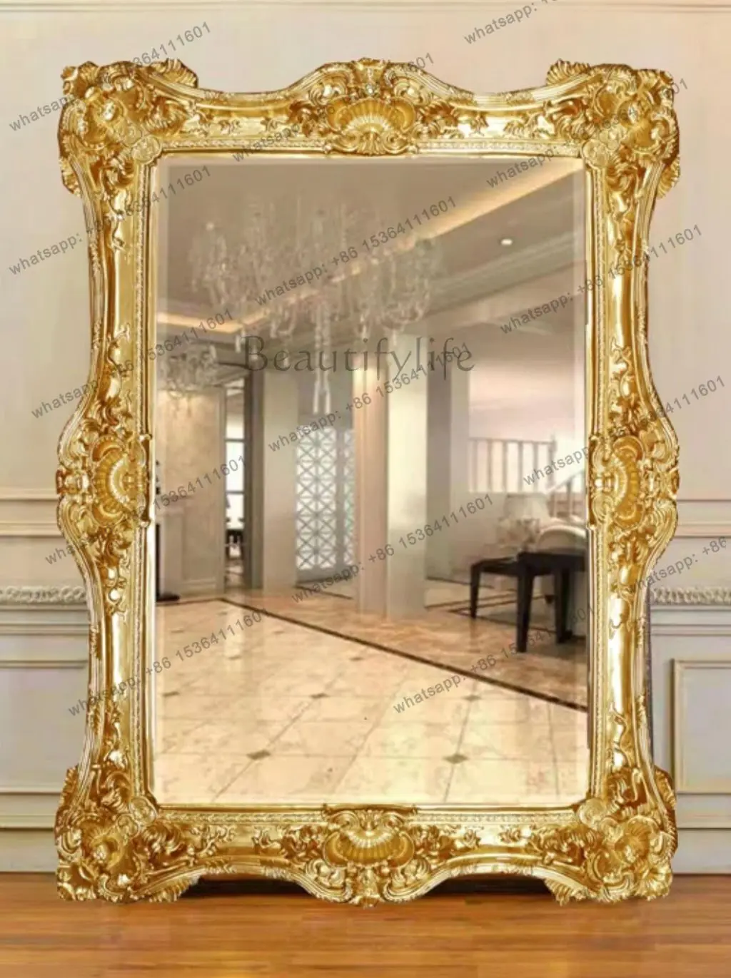 YJ New Ornate Luxury Baroque Wooden Extra Large Interior Vintage Classic Frame Floor Oversize Mirror