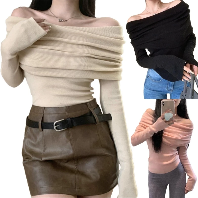 Women Sexy Ruched Bare Shoulder Long Sleeve Cropped Jumper Shirt Vintage Elegant Solid Knitted Bodycon Sweater Crop Top