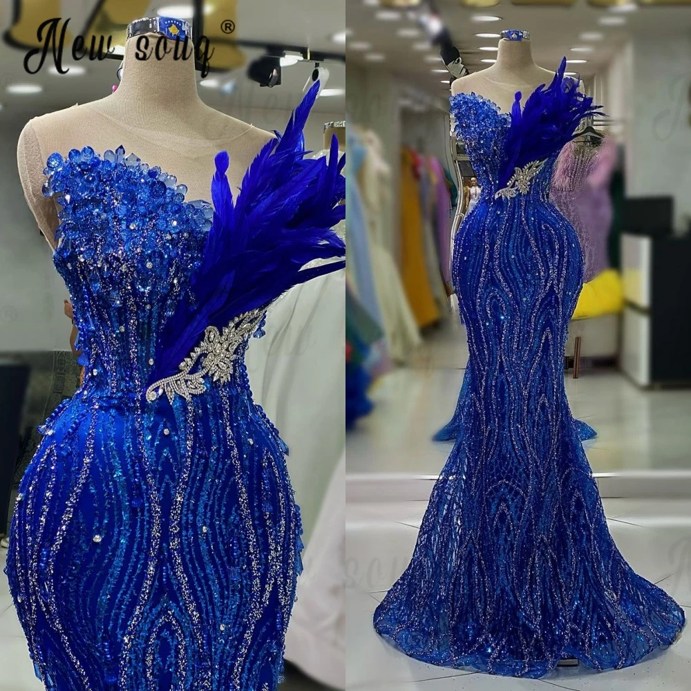 

Sparkly Diamonds Stones Royal Blue Prom Dresses Dubai Luxury Feather Wedding Party Gown for Women Maxi Long Birthday Event Dress