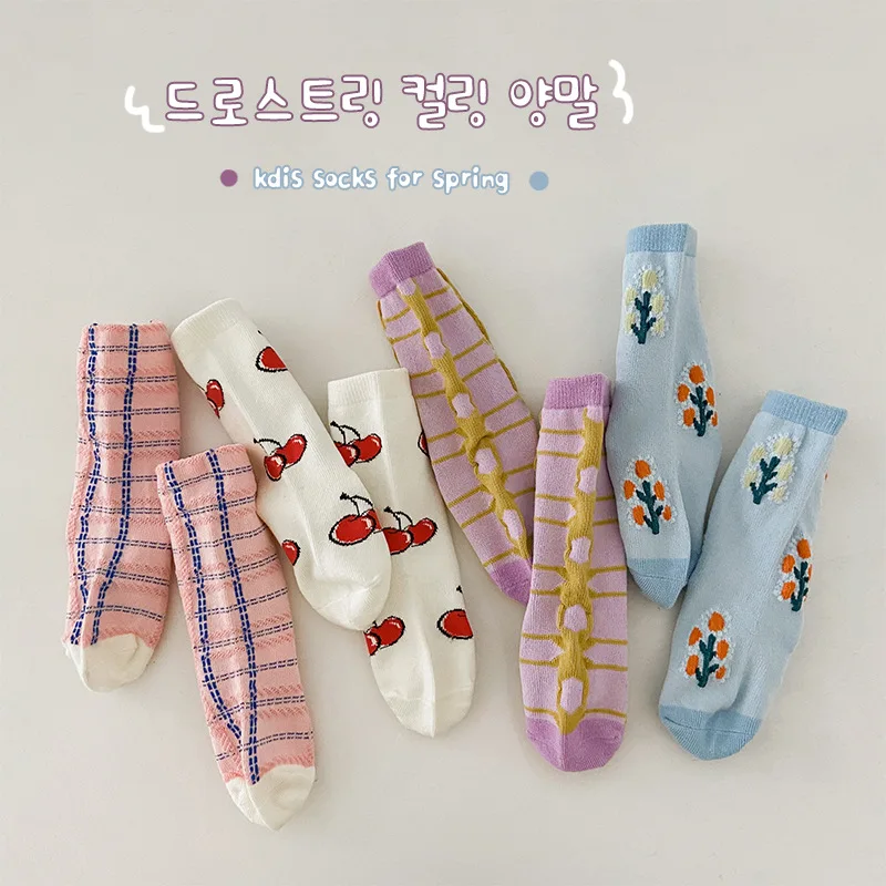 4Pairs Pack 1-8 Year 2022 spring baby socks cute girls plaid socks