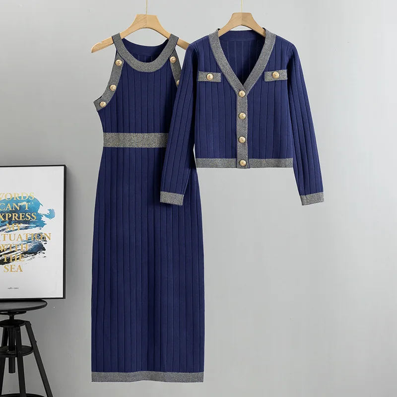 

Solid Color Knitted Dress Two Piece Set Women Elegant Slim Sleeveless Dresses Buttons Cardigan Coat 2 Piece Sets Temperament