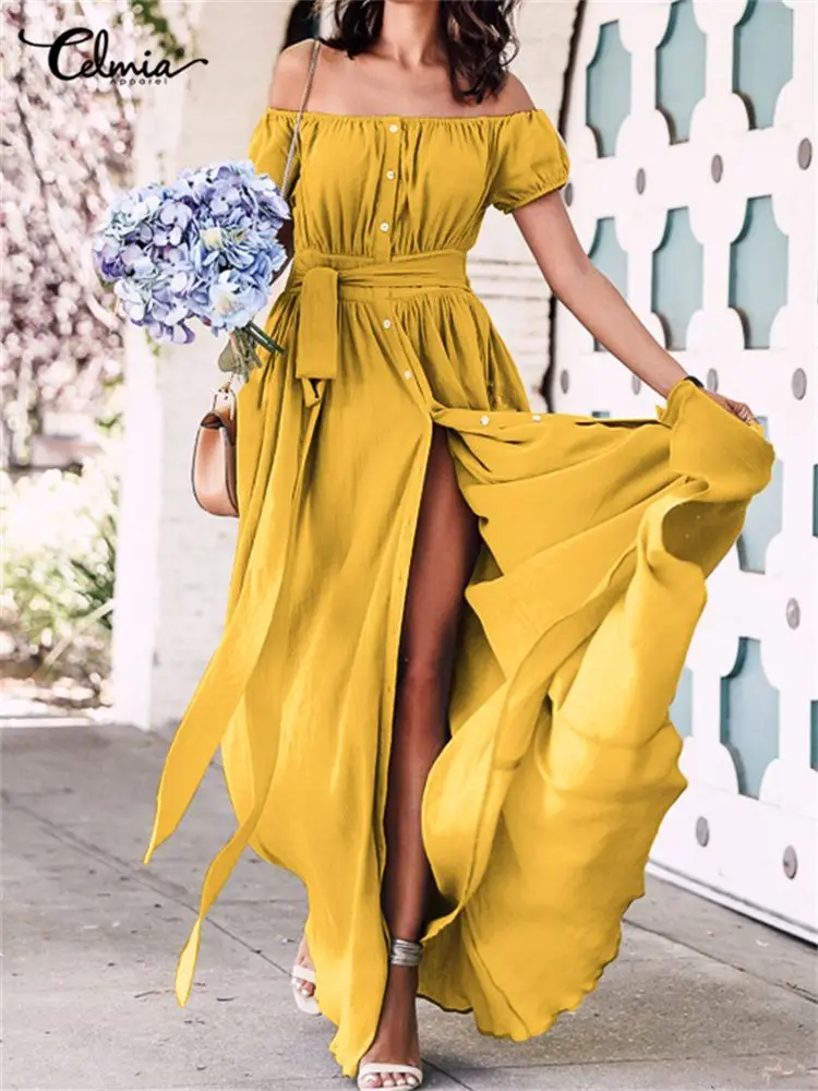 Women Maxi Dresses 2023 Summer Bohemian Party Sundress Celmia Ruffle Long Dress Sexy Off Shoulder Buttons Vestido Split Hem Robe