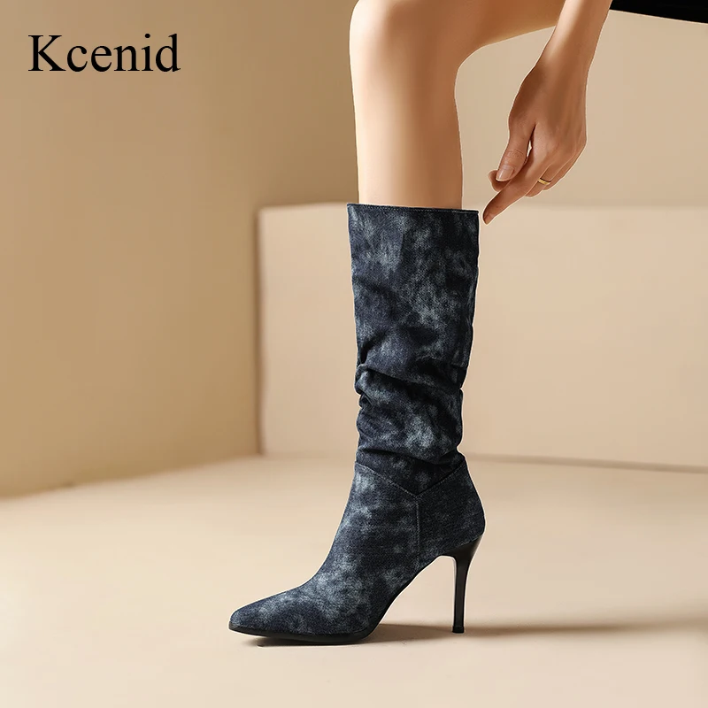 

Kcenid Sexy Dark Blue Cowboy Boots For Women Thin High Heels Pointed Toe Slip On Mid Calf Women Fashion Pleated Modern Boots