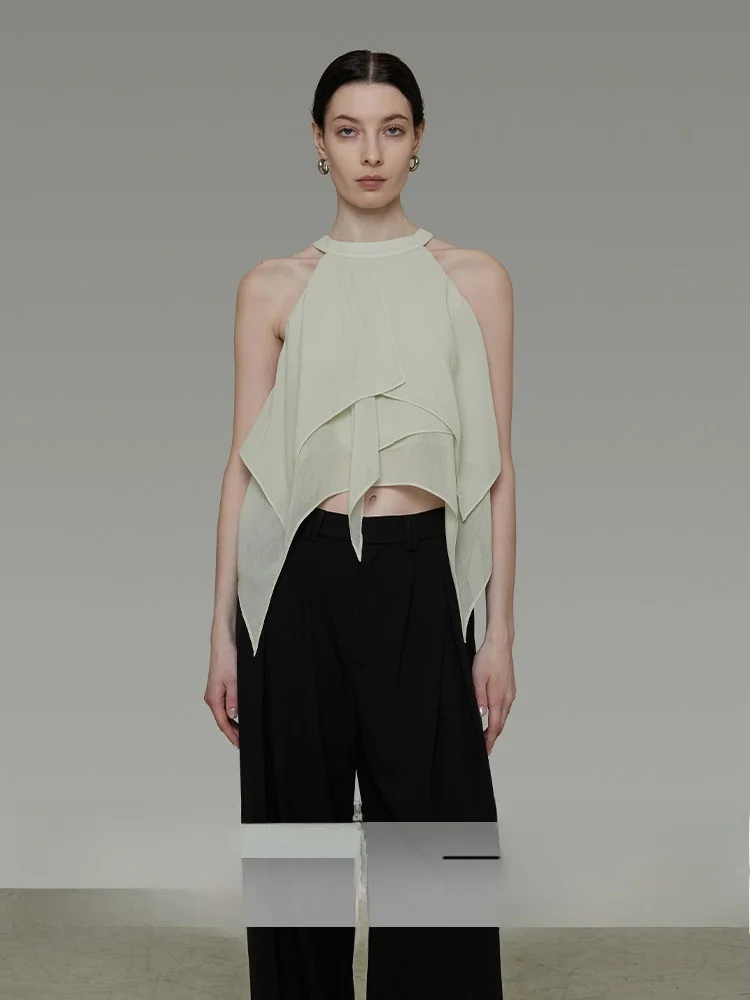 

UNSPOKEN Irregular Neck Hanging Strap Women's Summer New Design Sensation Sleeveless Shoulder Bared Top Outerwear Polyester F...