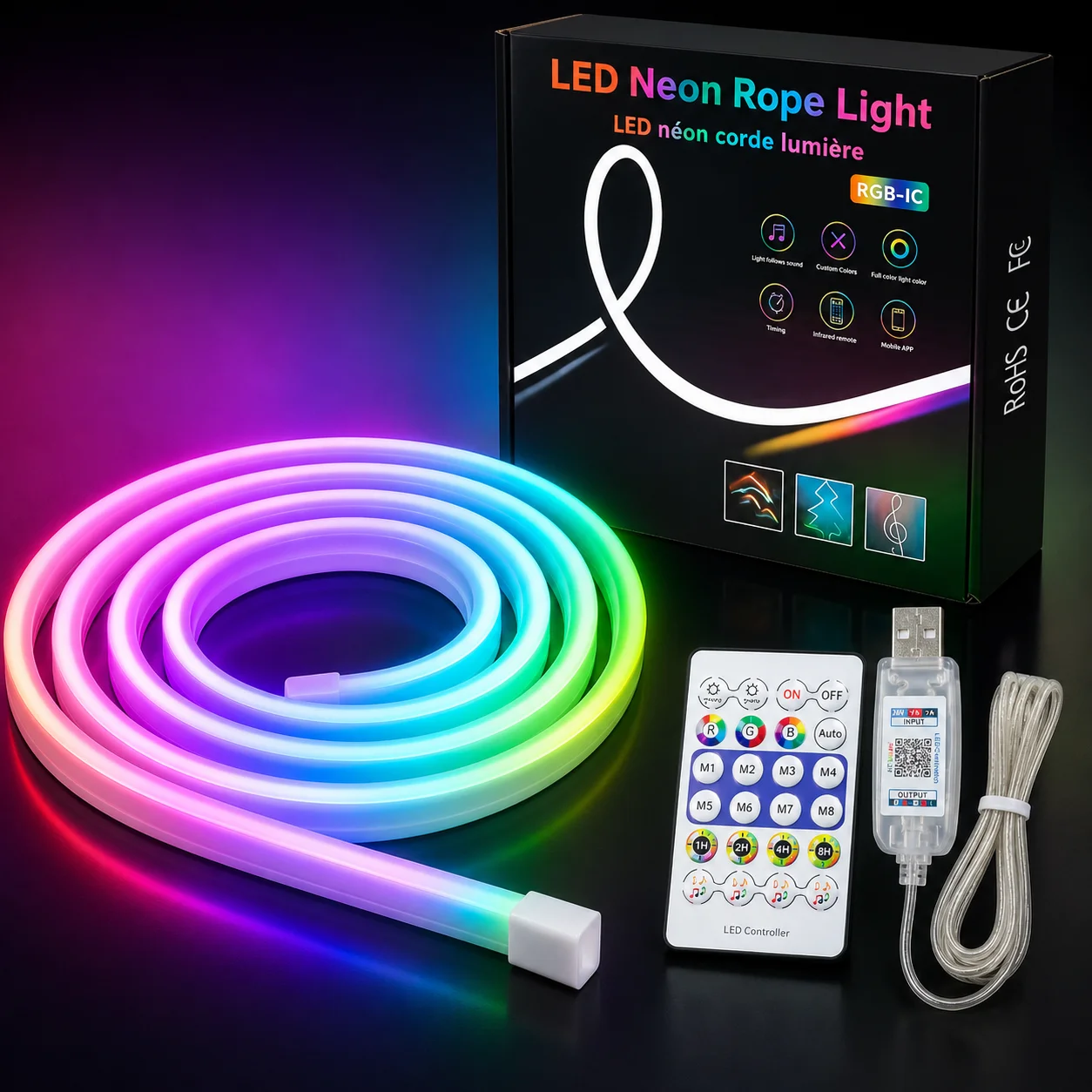 5V USB RGBIC Neon LED Strip Lights with Bluetooth APP Control Music Sync Waterproof Flexible Tape for Gaming Room Party Decor