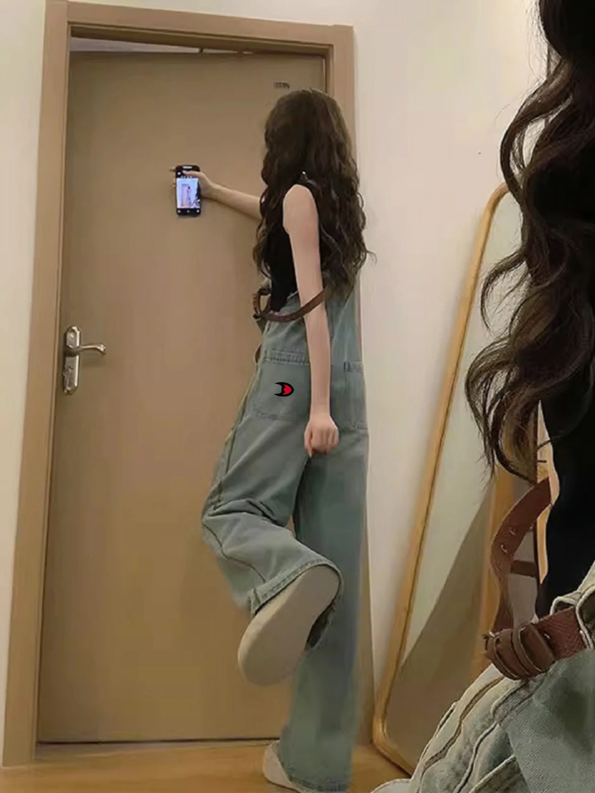 Adorable American Sle Denim Overalls Women's Spring Autumn Loose Wide Leg Workwear High Waist Casual Zipper High Waist