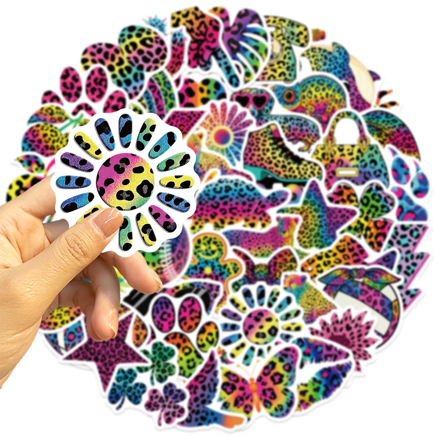 50PCS Colorful Leopard Print Stickers Hand-Painted Doodle-Style DIY Decorative Stickers for Suitcases, Cell Phones, and Laptops