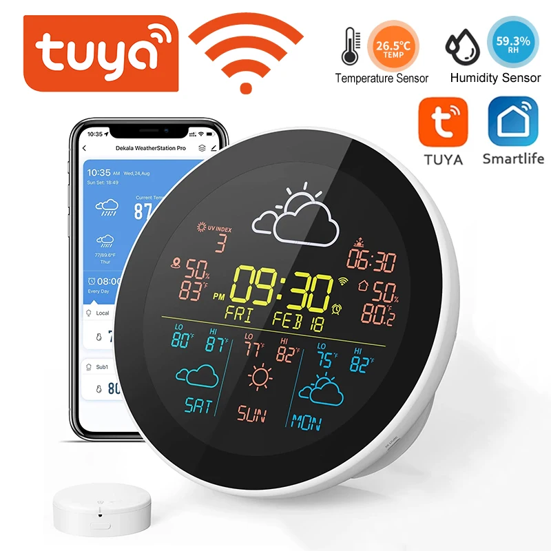 Tuya WiFi Wetter Uhr 3-Tag Wetter Prognose Wetter Station Wireless Smart Thermometer Hygrometer Remote Gauge Alarm Uhr