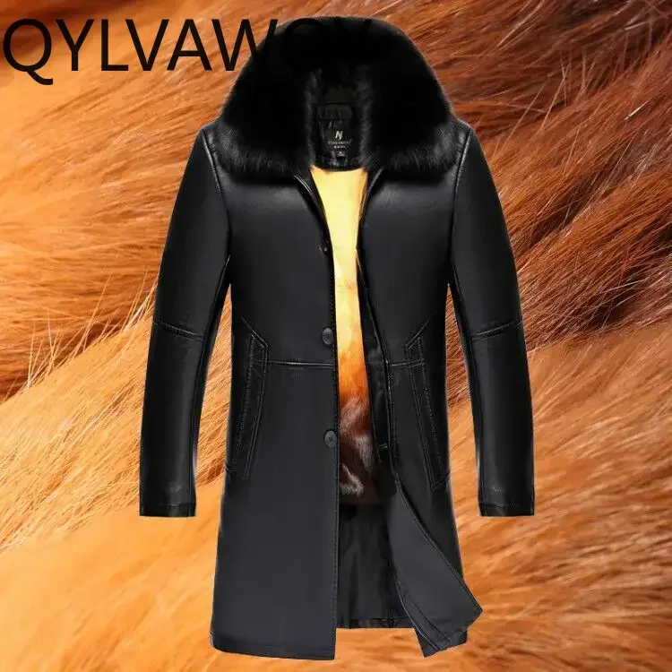 QYLVAWOY Winter Jacket Men Mid-long Fashion Warm Mink Fur Coat Male Genuine Leather Jackets Man Fox Fur Collar Chaquetas Hombre