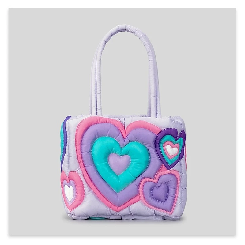 Casual Colorful Heart Padded Women Shoulder Bags Designer Quilted Lady Handbags Nylon Down Cotton Tote Bag Sweet Puffy Purses