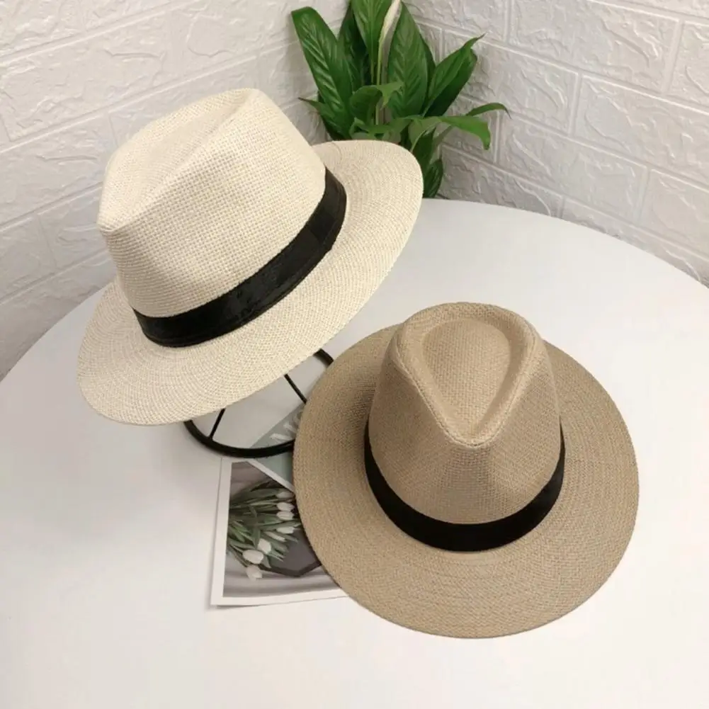 Women Sun Hat Band Decor Flat Dome Straw Hat Folding Thin Non-stuffy Anti-UV Men Big Brim Sunscreen Jazz Hat Fashion Accessories