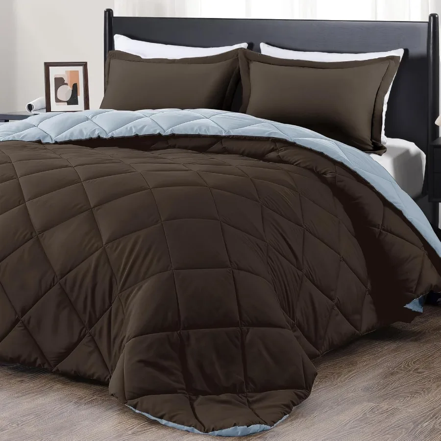 

King Size Comforter Set - Brown and Blue Soft Bedding for All Seasons - 3 Pieces Including 1 Comforter 104x92 and 2 Pillow Sham