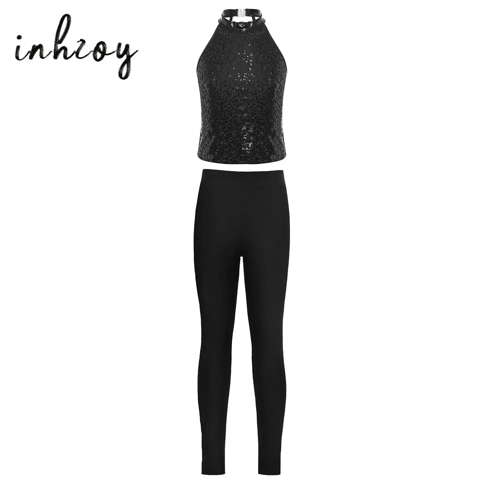 

Kids Girls Jazz Dance Costume Outfit Gymnastics Set Sleeveless Halter Backless Sparkling Sequin Tank Crop Top+Leggings Pants
