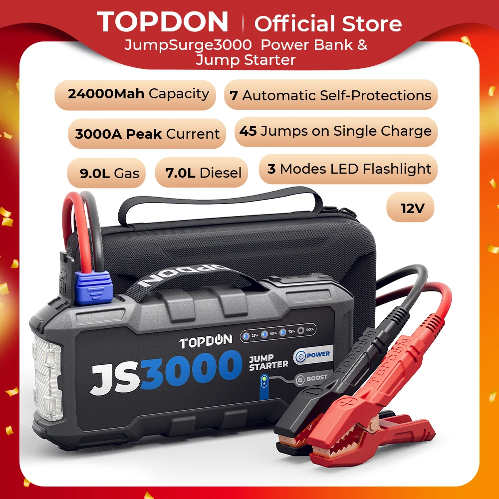 Topdon JS3000 3000A Car Jump Starter Power Bank 12V Car Starting Device 24000Mah Battery Jump Start for Car Booster