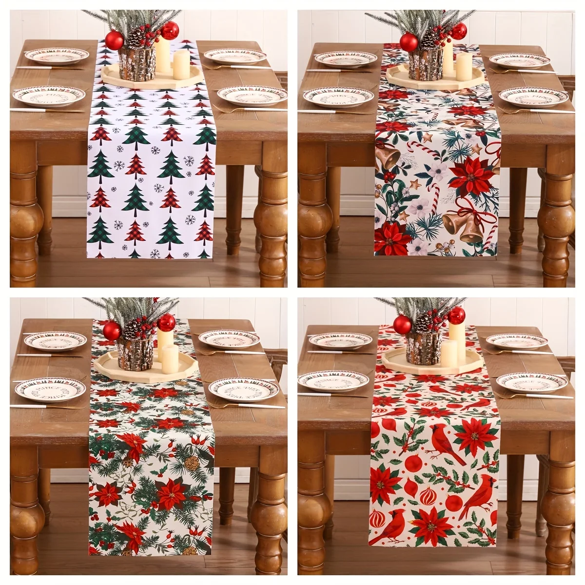 Christmas Poinsettia bell Snowflake Linen Table Runner Party Decor Winter Ball Kitchen Dining Table Runner Christmas Decorations