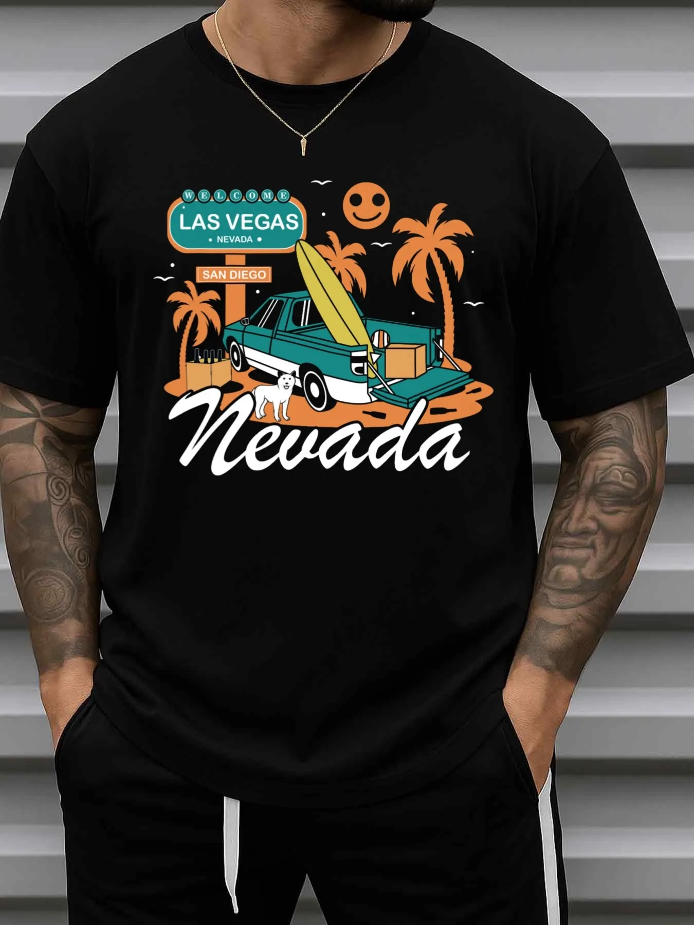Men's Las Vegas Nevada Themed T-Shirt, Pure Black Style, Striped Print Design on the Back - Loose Casual Fit, Everyday Wear, Gift for Husband, Father, Business Person (Suitable for All Seasons)