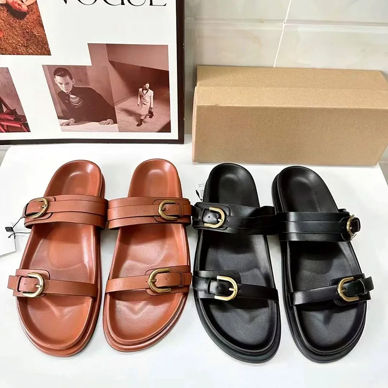 Brown Flatform Slippers Outdoor Sandals Women Round Head Open Head Thick Sole Slipper Leisure Buckle Strap Upper Shoes For Woman