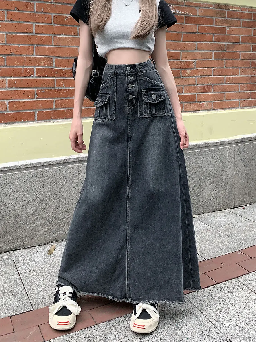 

A-line Denim Half Skirt for Women Oversized Retro Pocket Button Design Skirts 2024 Spring Summer New High Waisted Slim Midskirt