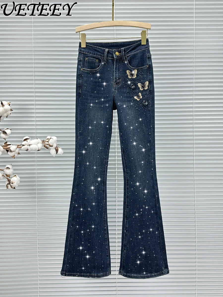 Ins Hot Diamond Butterfly Decorative Jeans Women's Horn Trousers New Autumn High-waisted Versatile Micro-pull Denim Pants