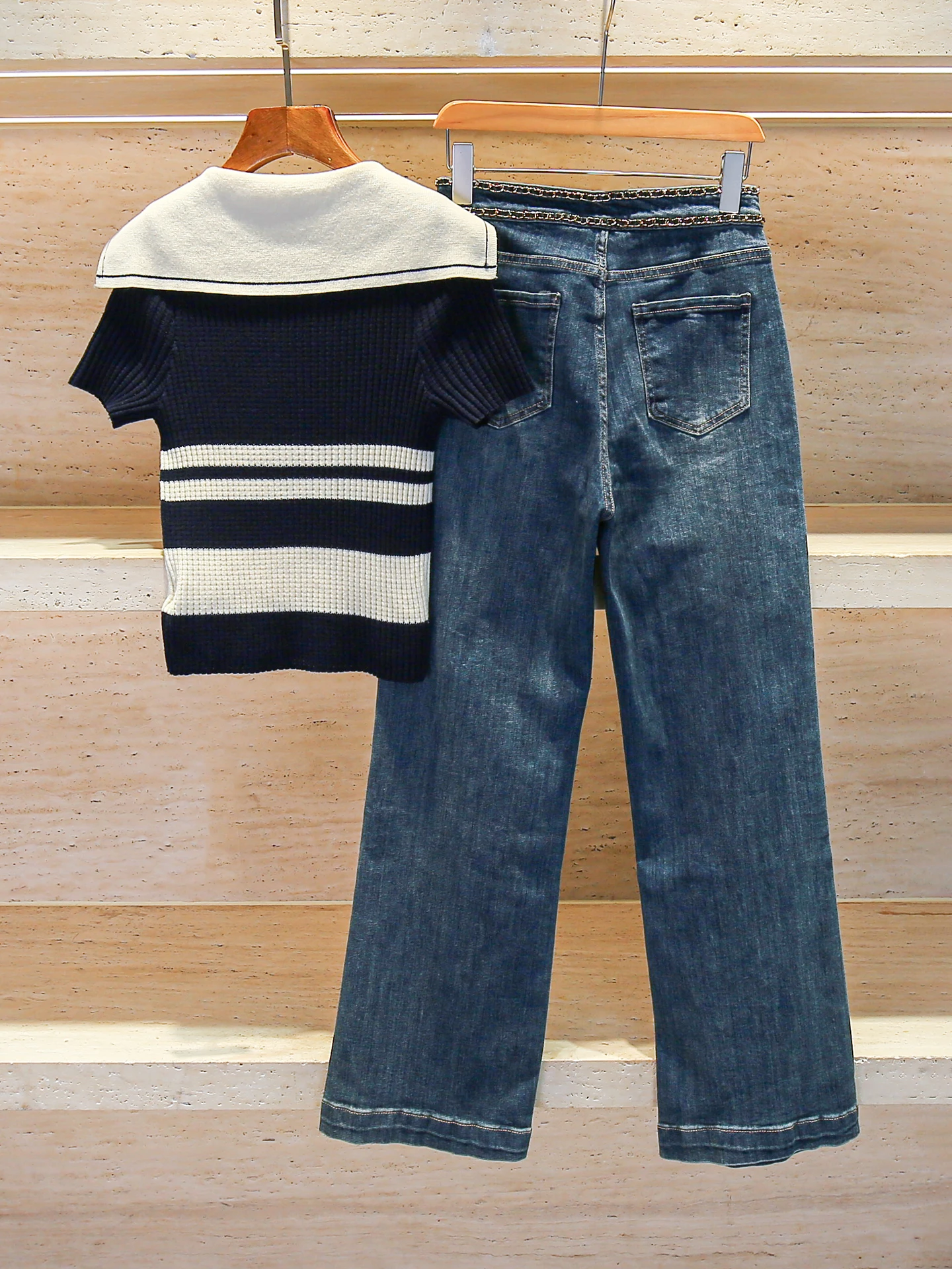 

High-End Summer Navy Stripe Knit Top And Jeans Set Women's Faion Ensemble round Ne ort Sve Long Pants Polyester Fiber