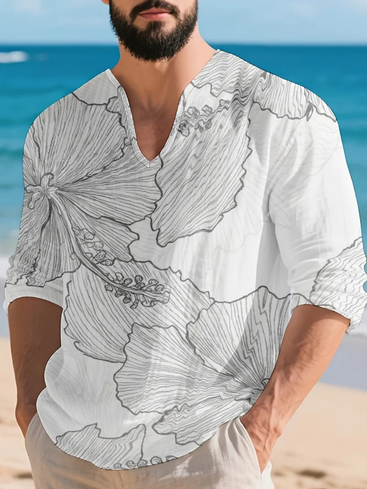 Men's Hawaiian Line Hibiscus Print Shirt Casual V Neck Long Sleeve Beach Holiday Tops Plus Size Vacation Summer Tunics
