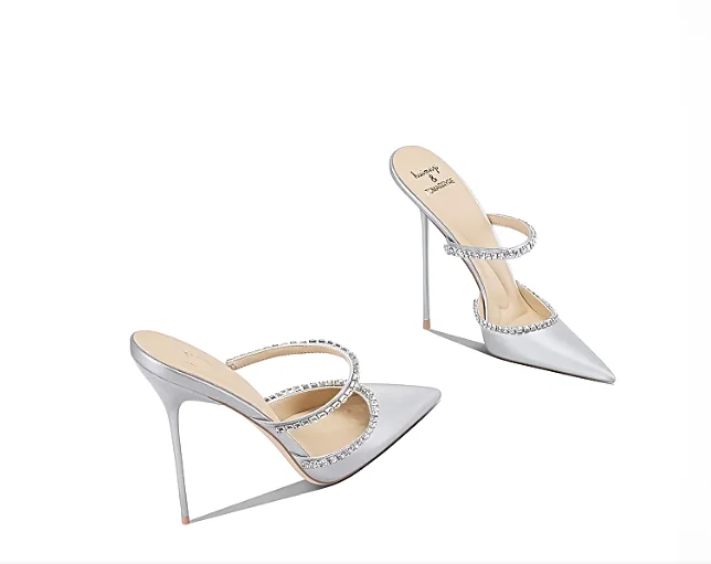 Silver rhinestone slim toe high-heeled shoes for women's summer, versatile design with a sense of socialite style and toe caps