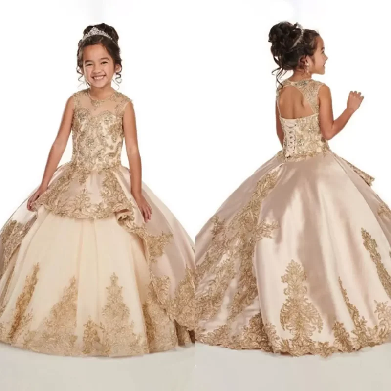 

3D Flowers Champagne Flower Girl Dress for Wedding Party Robe Lace Cap Sleeve Jewel Beaded Princesse Fille Vestidos 2023 New