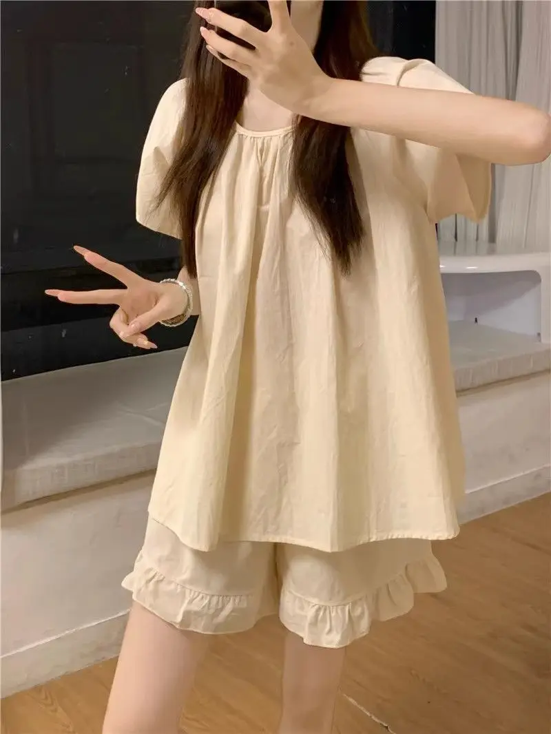 

Korean Cute Ruffled Short-sleeved Pajama Sets Women's Summer Thin 2-piece Set Girl's Home Clothes Pajamas Shorts Suit Two-piece