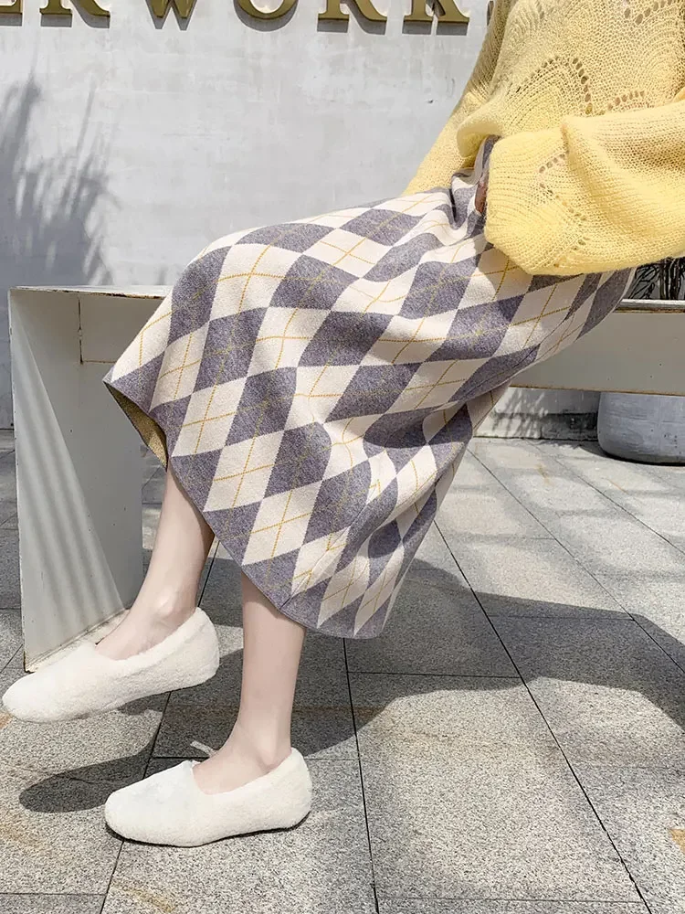 

Thickened plaid Knit Skirt Autumn/winter Women's New Style Korean Version Pleated Medium-length Aa-line Skirt Winter Dress