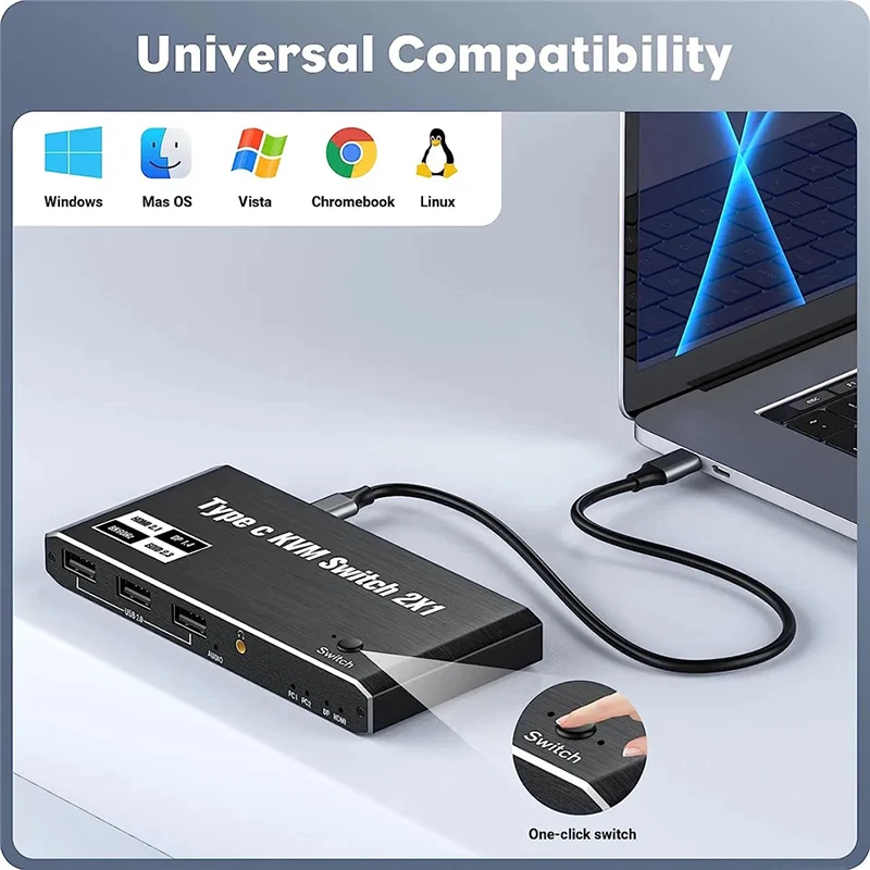 HDMI 2.1 8K 2x1 Thunderbolt 4 USB C KVM Switch 100W PD Charge 4K 144Hz Type C KVM Switch Switcher for 2 Laptop Macbook 1 Monitor