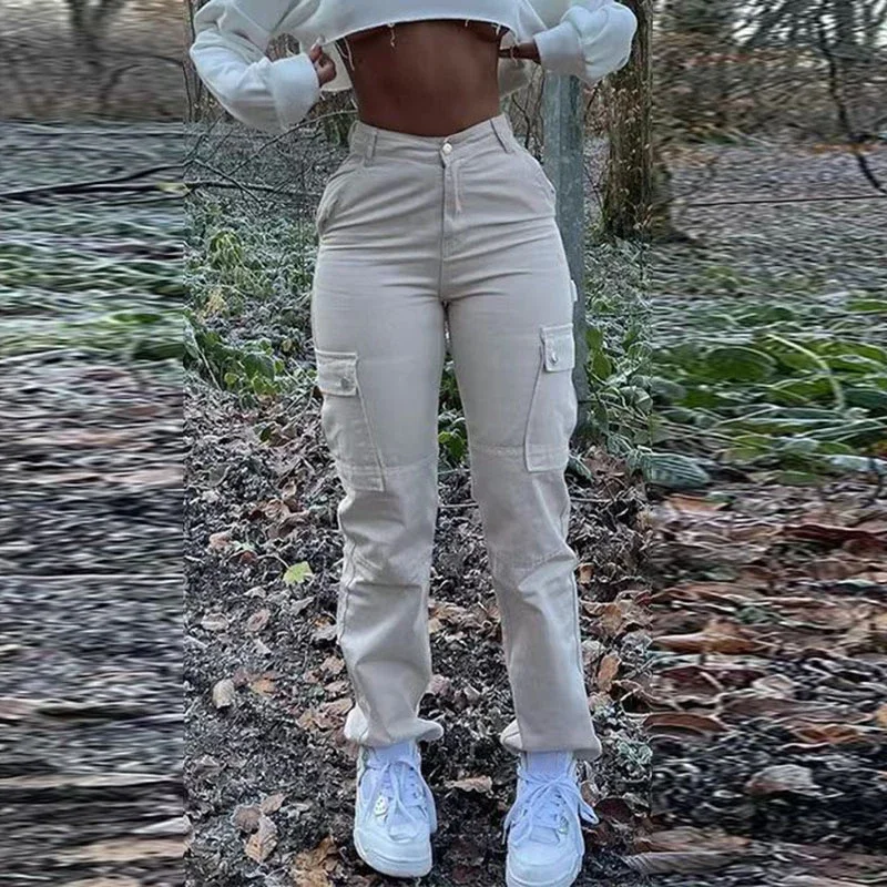 

Винтажные джинсовые брюки-карго с несколькими карманами, женские брюки в стиле ретро с высокой талией, облегающие широкие брюки, повседневная женская уличная одежда