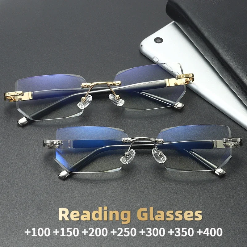 

New Fashion Blue Light Blocking Reading Glasses Women : Diamond Cut Edges, Frameless & HD Quality! Mens Glasses