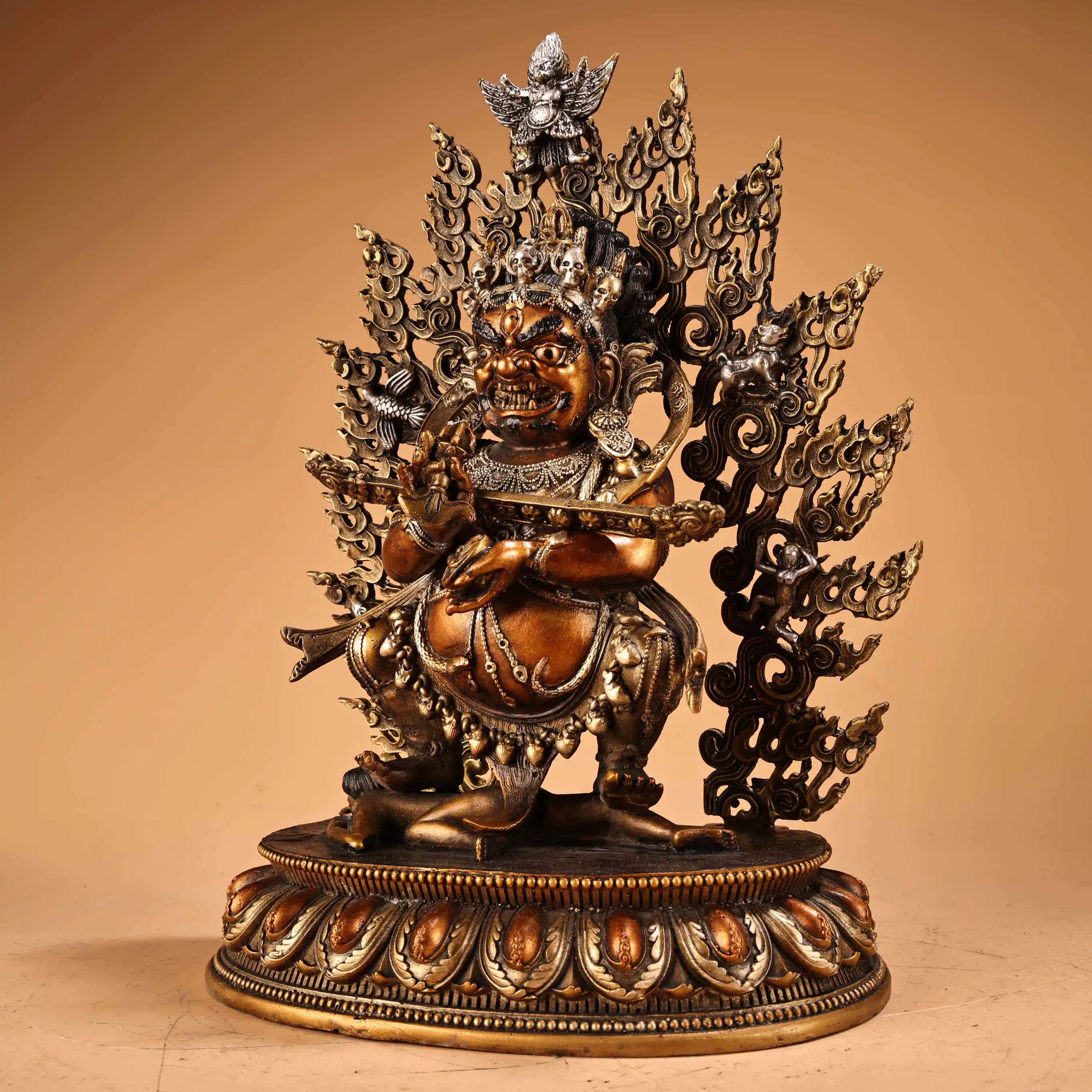 Bronze Gold Gilded Silver Painted Mahakala Buddha Statue Heavy Patina Fine Craftsmanship Decor