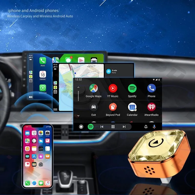 

Беспроводной адаптер 2-в-1 для CarPlay и Android Auto с кристаллами и эффектом бриллиантов | Беспроводной адаптер для автомобилей с проводным подключением, Plug and Play