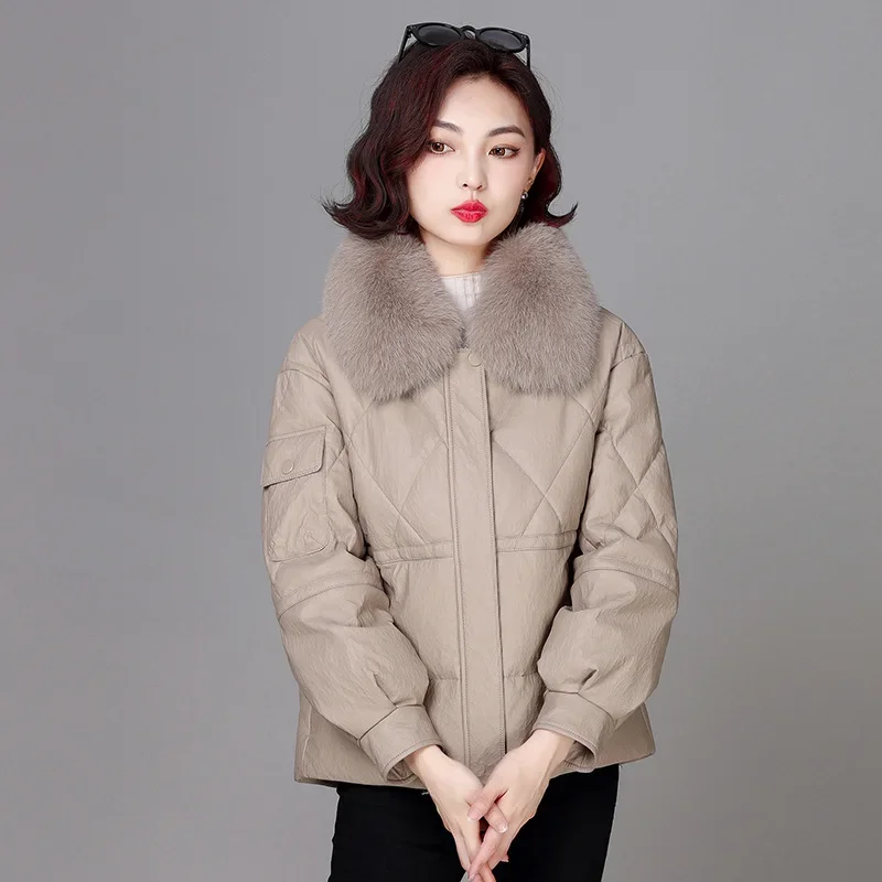 Winter 90% White Duck Down Coats Short Genuine Leather Jacket Women Clothes Fashion Women's Puffer Jackets 2023 Fox Fur Collar