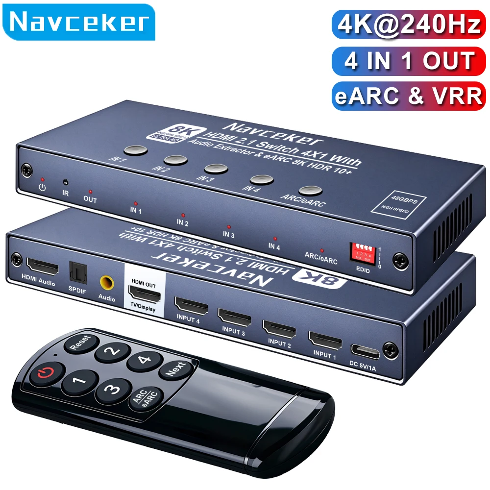 4K 240Hz HDMI 2.1 Switch eARC Audio Extractor 4-in-1 out Selector with R/L Toslink SPDIF Audio out HDMI ARC Switch 4x1 Adapter