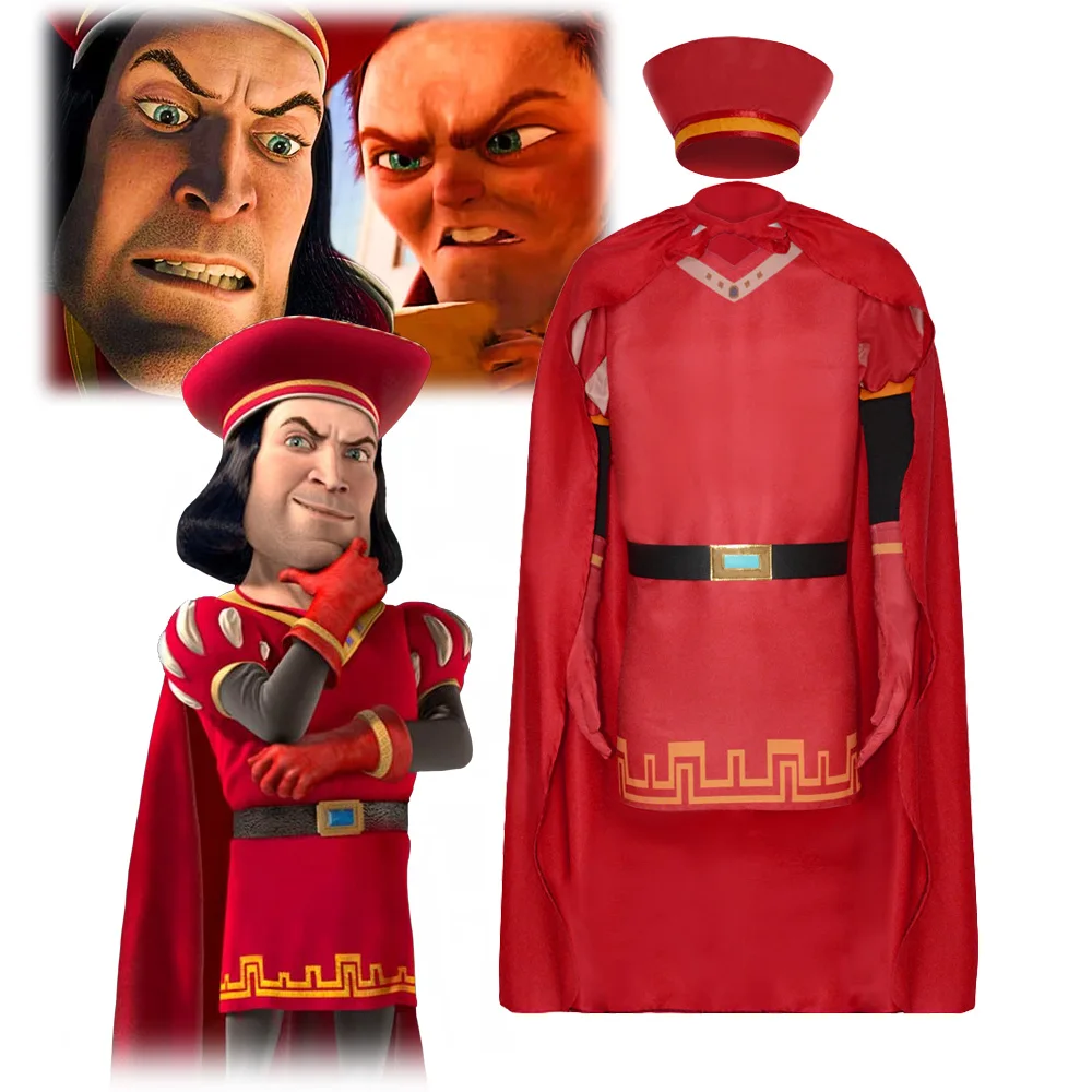 

Аниме Шрек Лорд Фараквад Косплей Красный Плащ Униформа Шляпа Костюм Короля Костюм Монстра Хэллоуин Необычные для Мужчин Взрослых