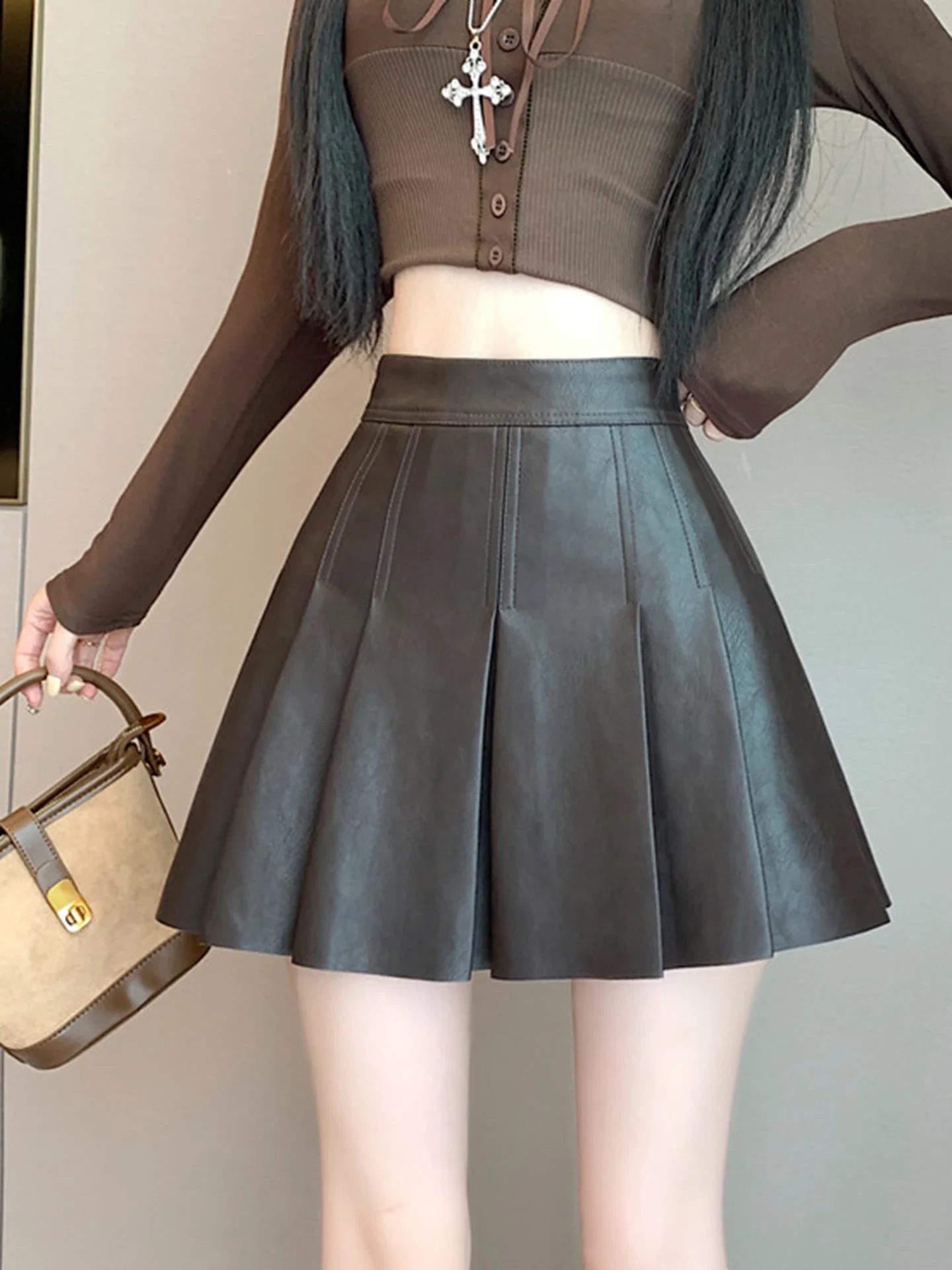 

American Style Sweet Cool Short PU Leather Skirt High Waist A-Line Skirt for Women Autumn Winter Fashion Elegant