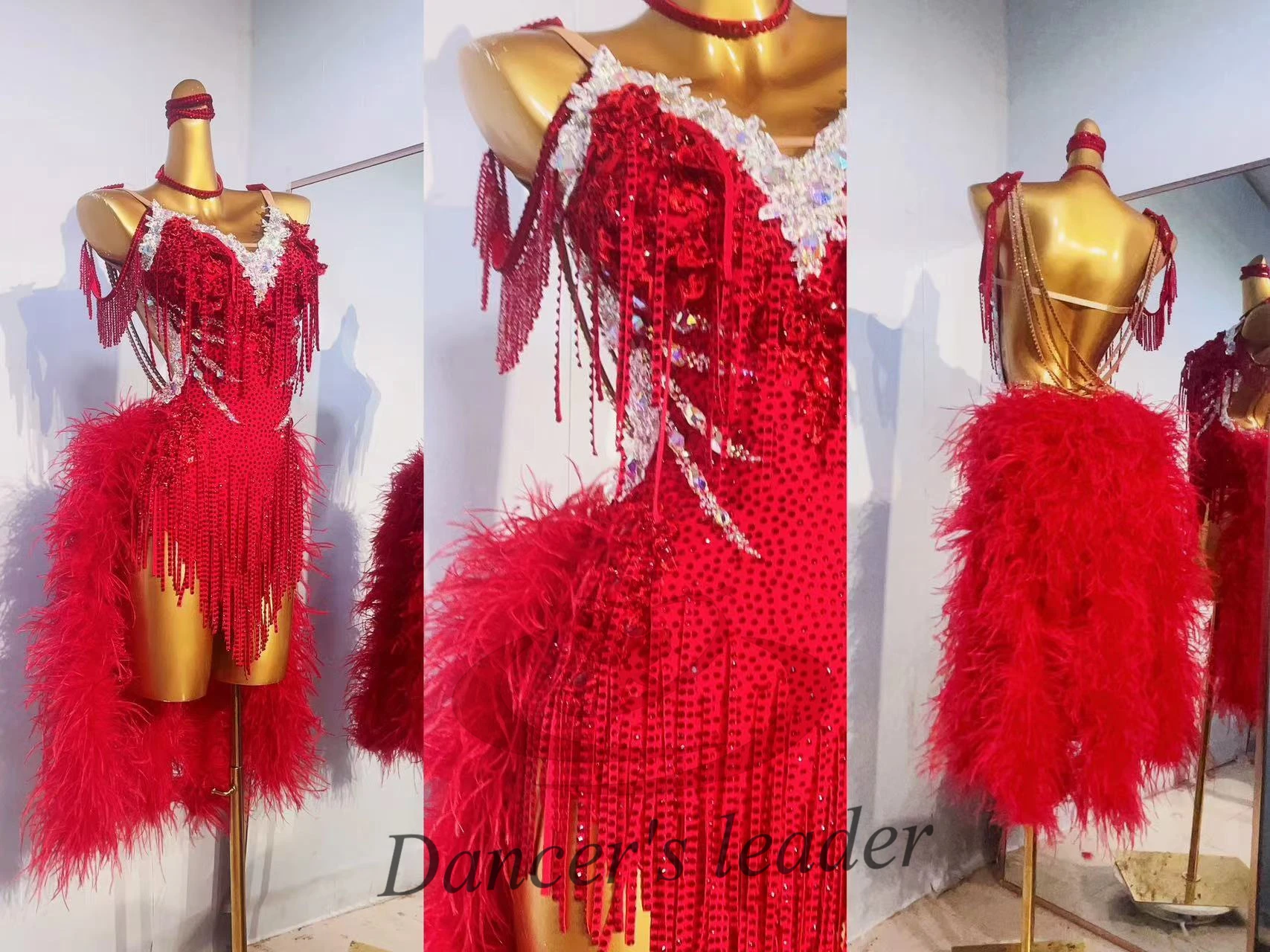 

Latin Dance Competition Women's High-end Custom Lace Flower Sling Fluffy Tail Samba Performance Costume Blackpool dress