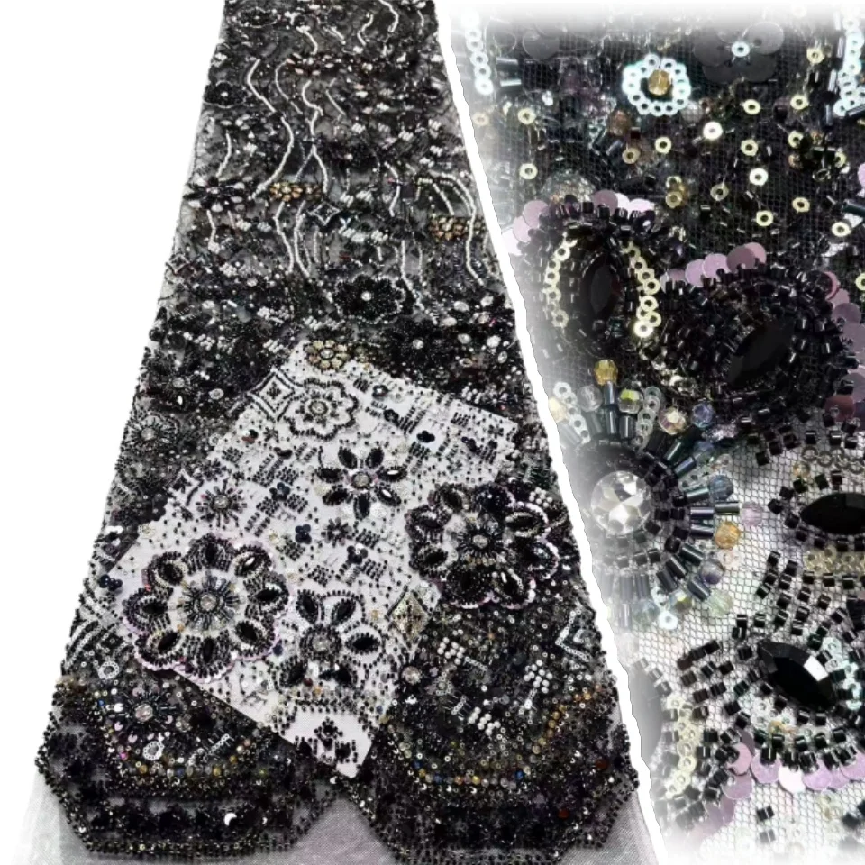 

Черная африканская кружевная ткань с бисером, высококачественная сетка, вышитая французскими блестками для женских вечерних платьев, шитье, 5 ярдов, 2075